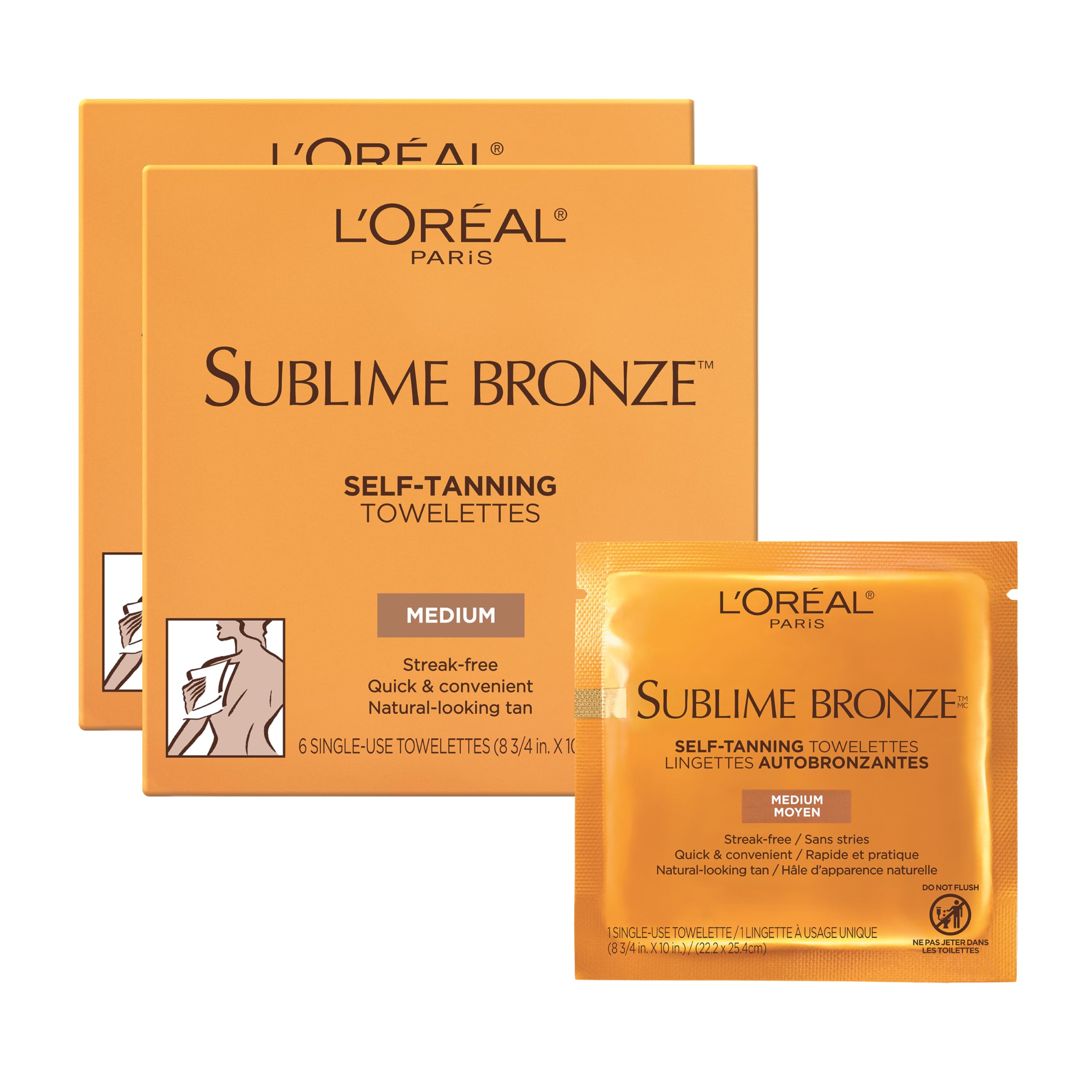 L'Oreal Paris Sublime Bronze Self Tanning Towelettes, Streak-Free, Natural Looking Tan, 6 ct (Pack of 2)