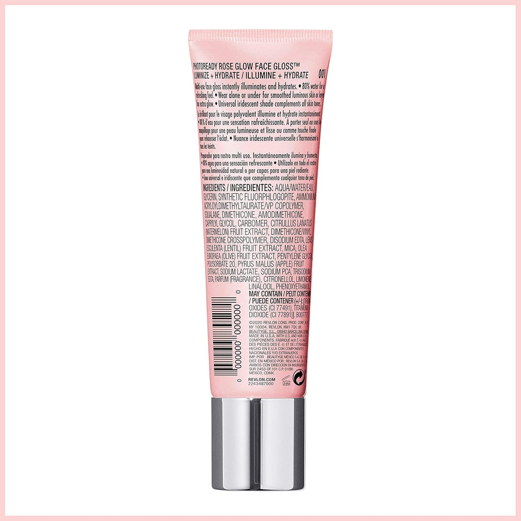 Revlon PhotoReady Face Gloss Rose Glow Primer, Makeup for All Skin Types, Hydrates, Illuminates & Moisturizes, Infused with Glycerin & Olive Oil Extract, 80% Water, 1 Fl Oz