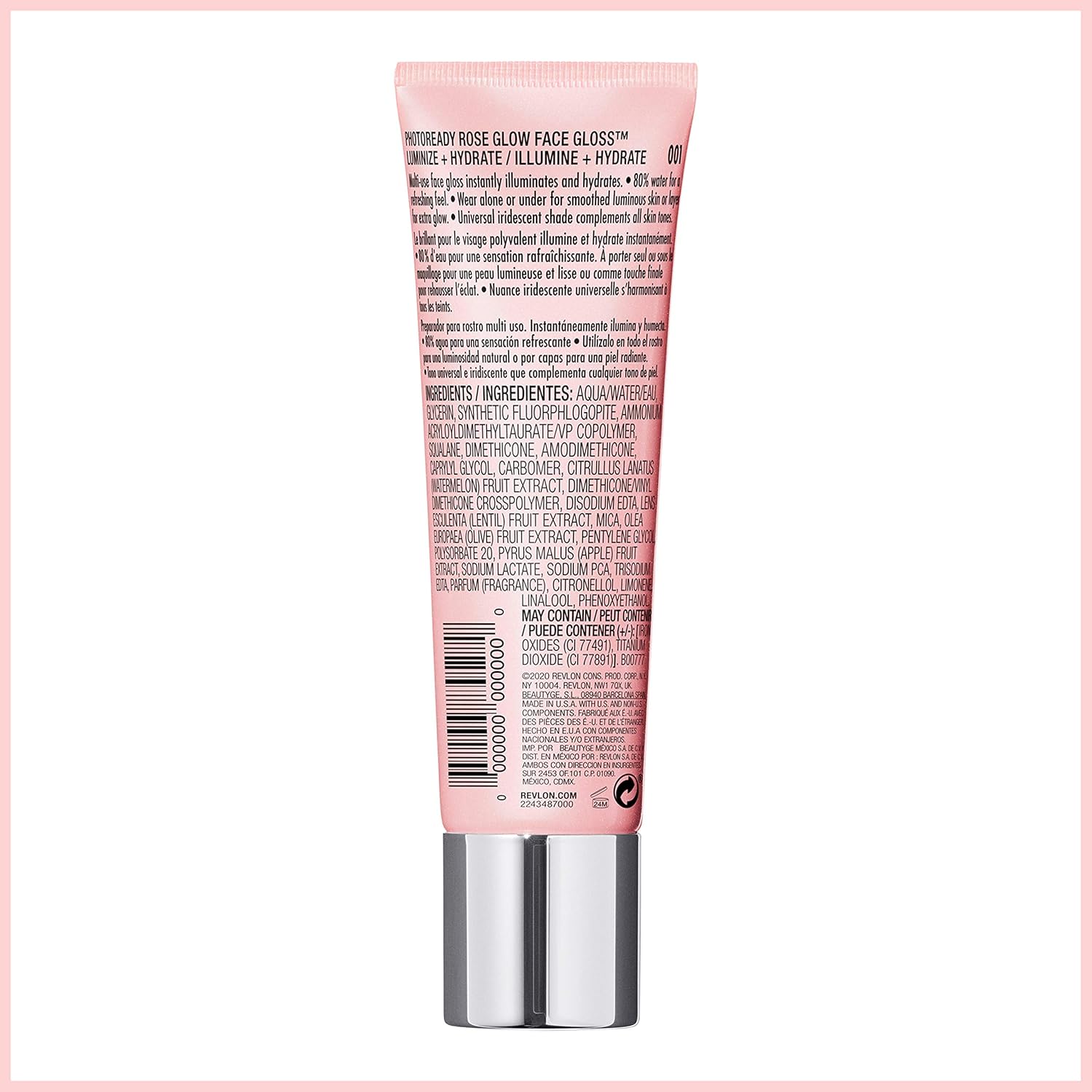 Revlon PhotoReady Face Gloss Rose Glow Primer, Makeup for All Skin Types, Hydrates, Illuminates & Moisturizes, Infused with Glycerin & Olive Oil Extract, 80% Water, 1 Fl Oz